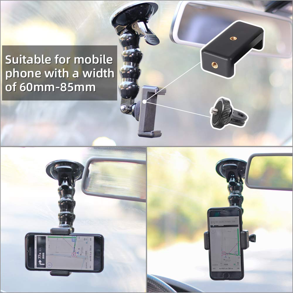 Surewo Flexible Gooseneck Suction Cup Car Mount Holder For Gopro 13, Flexible Extension Car Windshield Mount With Phone Mount Fo